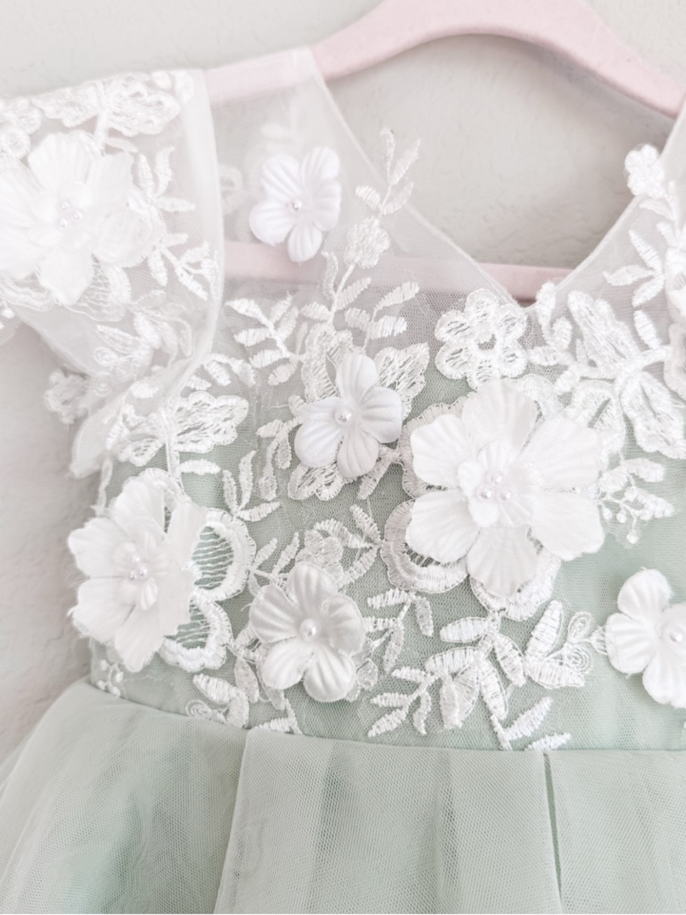 JJ’s House Flower Girl Dress Sage Green Tulle Lace 3D Floral Wedding Easter 4T - Picture 3 of 12